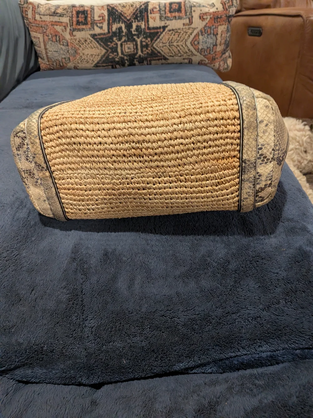 COACH Hampton Woven Straw Tote with Snakeskin Trim - Natural